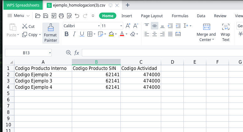 Ejemplo de archivo de homologación llenado en Excel